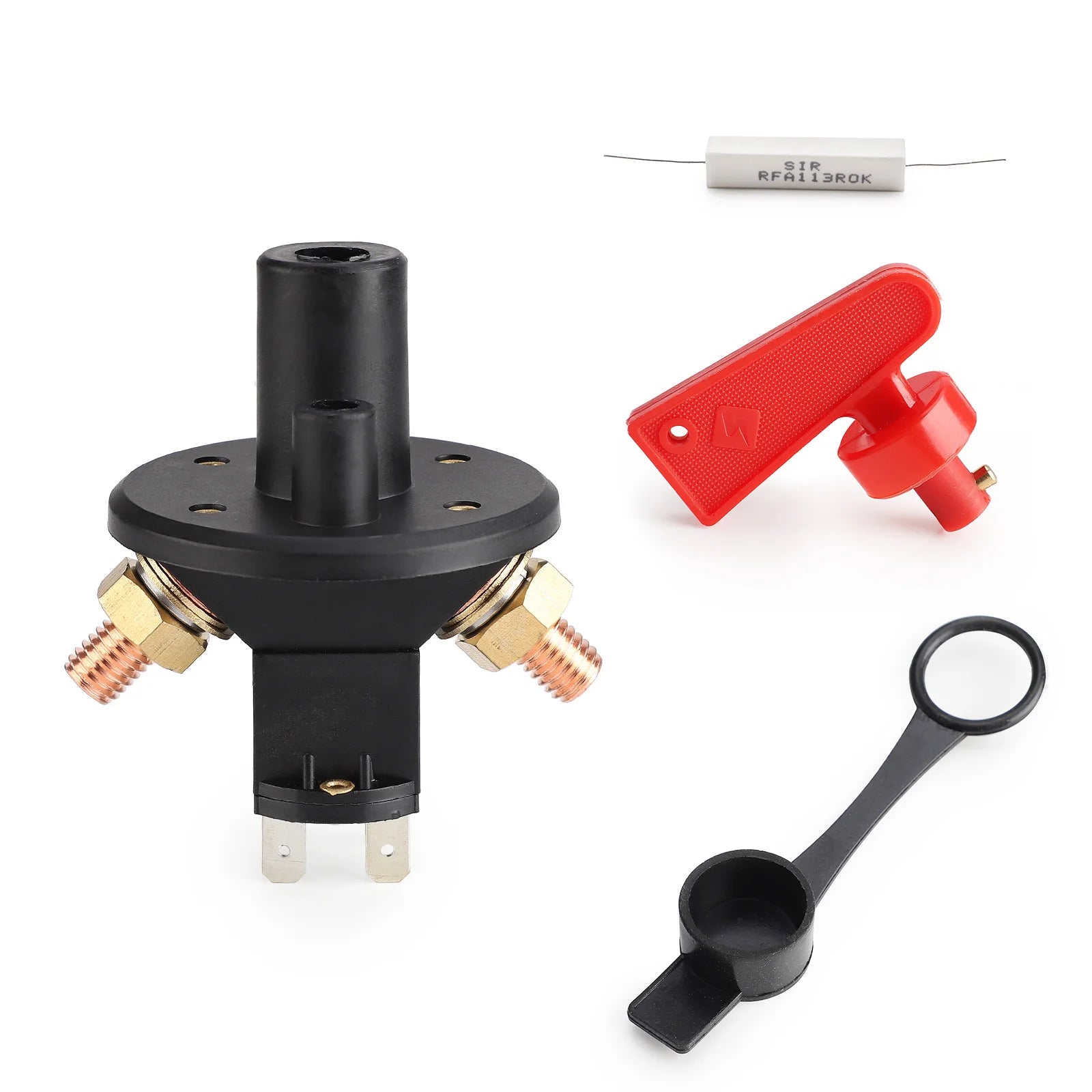 Coupe-batterie à clé universel avec clé rouge, bouchon et anneau de fixation sur fond blanc