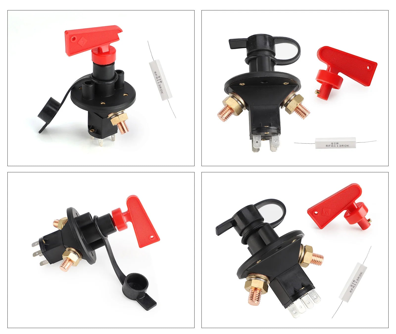 Coupe-batterie à clé universel présenté sous plusieurs angles avec clé rouge et accessoires
