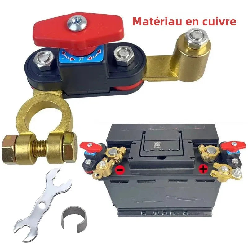 Coupe-batterie rotatif universel avec bornes en cuivre, accessoires et aperçu de montage