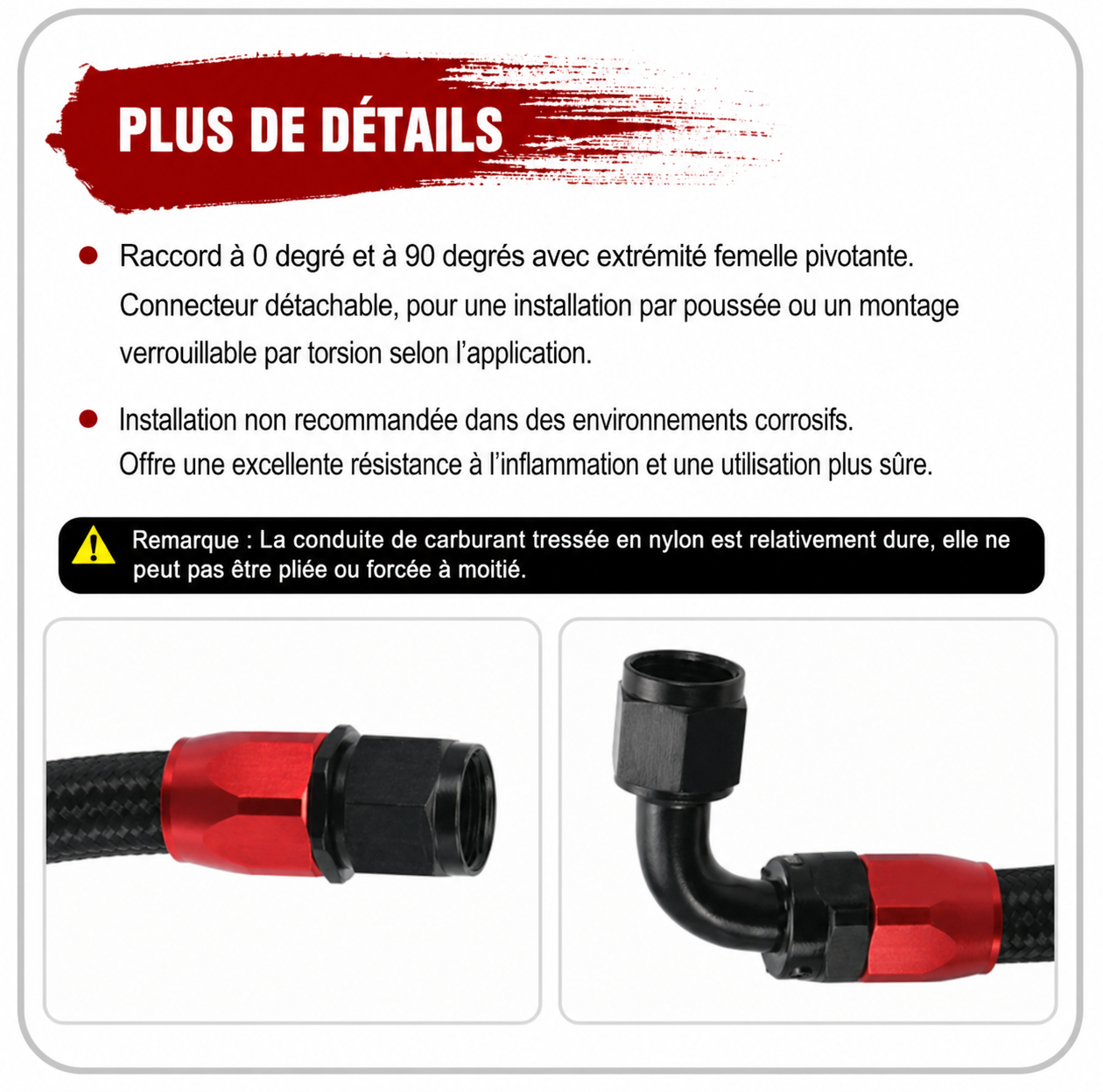 Détails des embouts et raccords de la durite tressée huile carburant