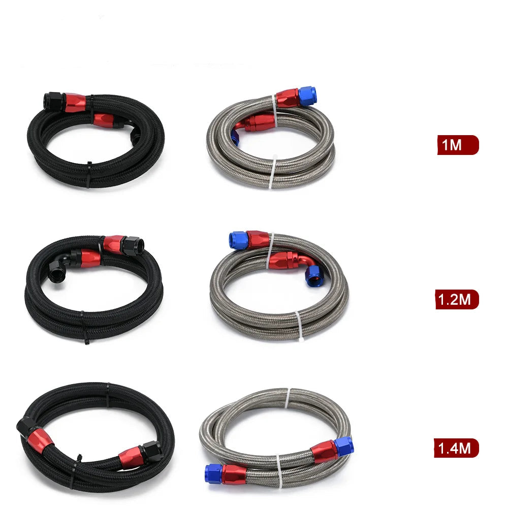 Durites tressées huile carburant noires et alu en 1 m, 1,2 m et 1,4 m
