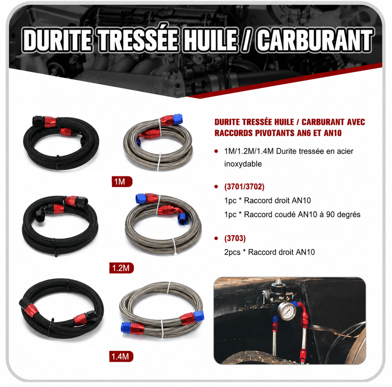Présentation de la durite tressée huile carburant avec finitions et usages