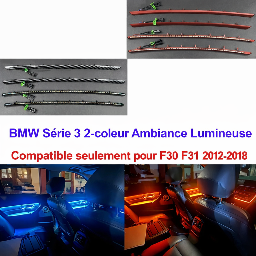 Éclairage d’ambiance de porte BMW F30 F31 avec baguettes carbone et rendu orange et bleu