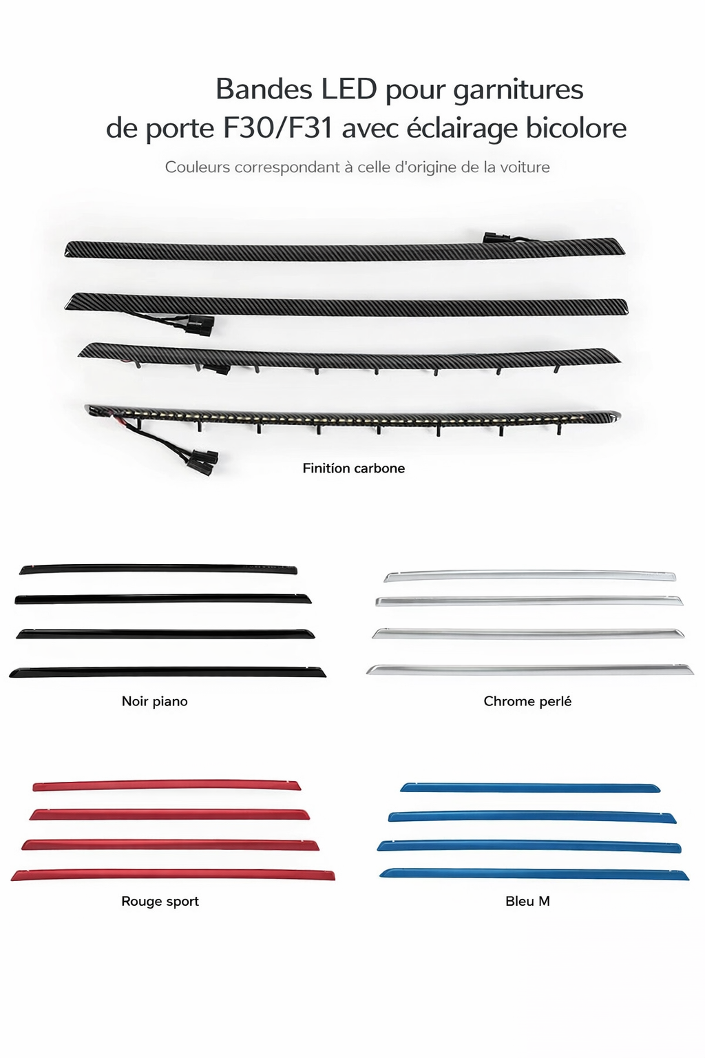 Présentation des baguettes LED d’ambiance BMW F30 F31 en noir, carbone, rouge et bleu