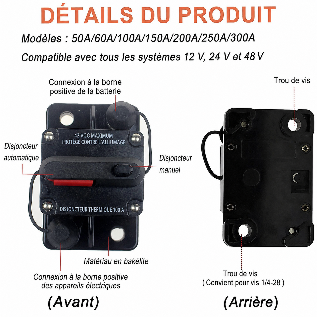 Détail avant et arrière du fusible disjoncteur réarmable 12V automobile