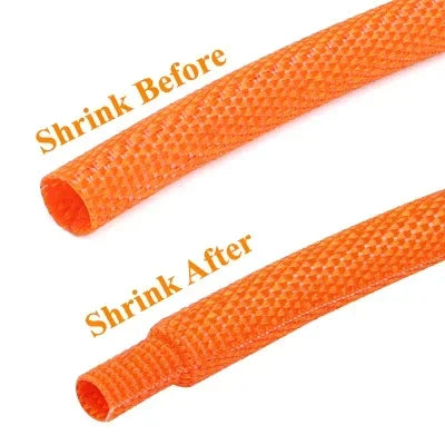 Gaine tressée thermorétractable PET orange avant et après rétractation