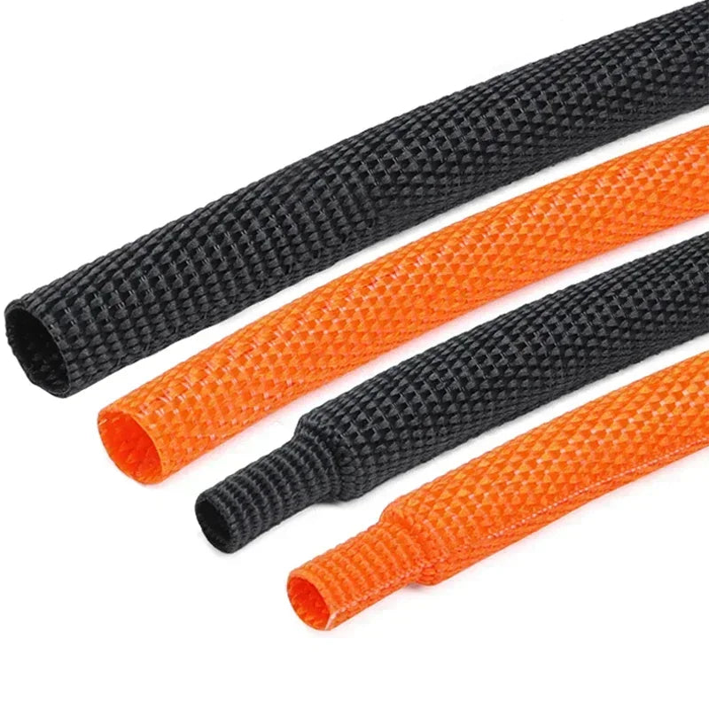 Gaines tressées thermorétractables PET noires et orange en plusieurs tailles