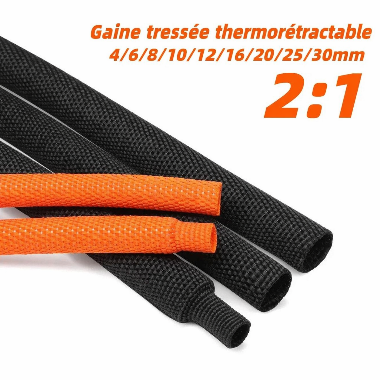 Gaine tressée thermorétractable PET universelle noire et orange pour protection de câbles
