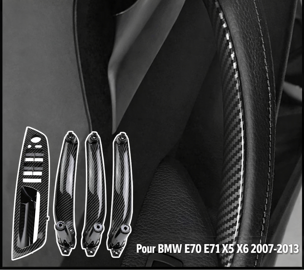 Kit de poignées intérieures BMW X5 E70 X6 E71 E72 en finition argent présenté sur fond noir