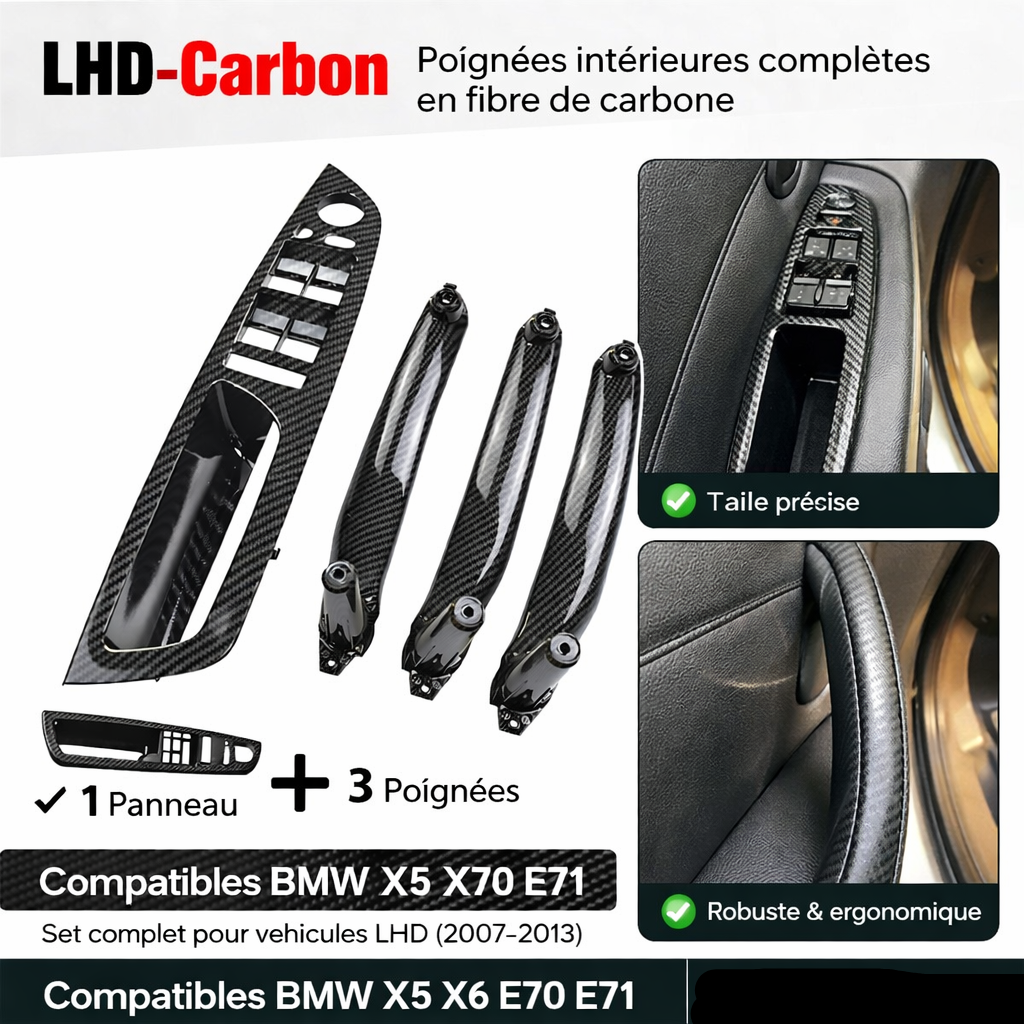 Kit de poignées intérieures BMW X5 E70 X6 E71 E72 en finition carbone pour conduite à gauche