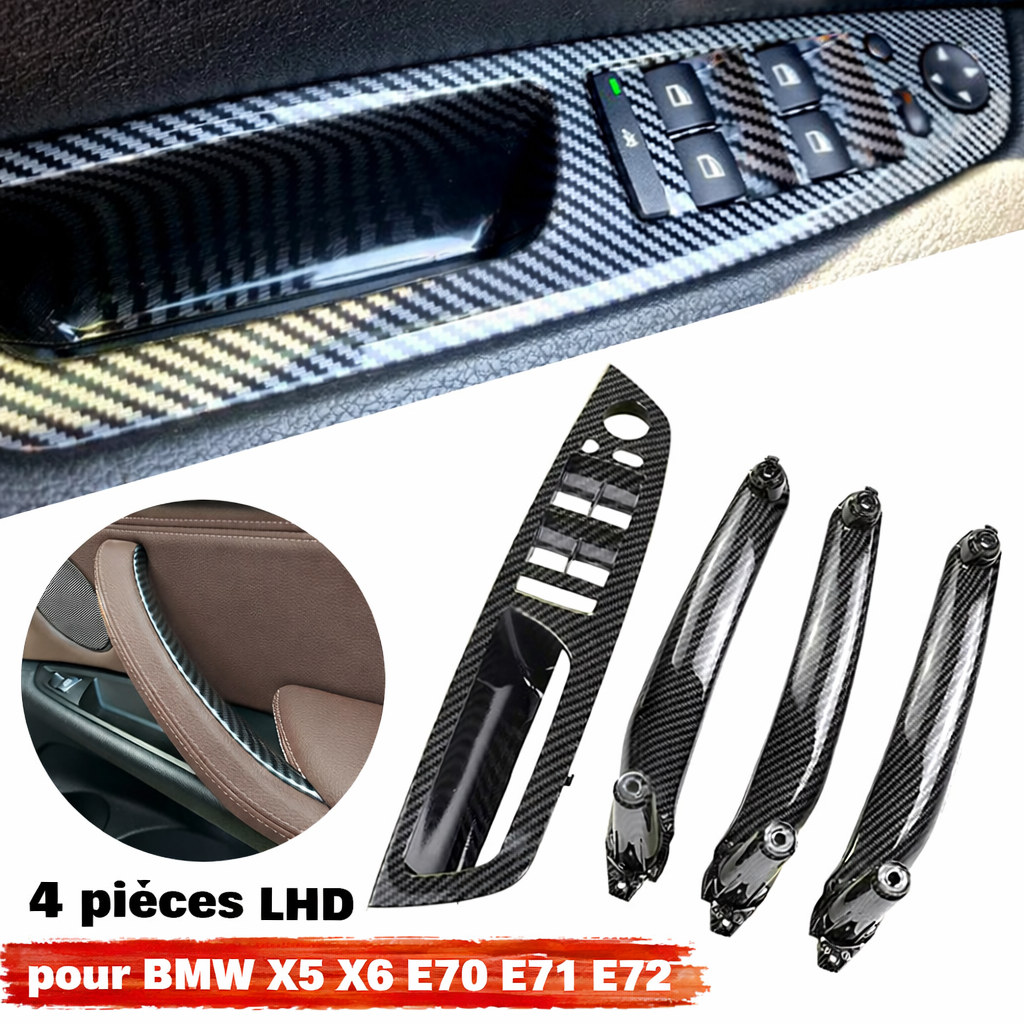 Kit de poignées intérieures BMW X5 E70 X6 E71 E72 en carbone avec aperçu du rendu installé