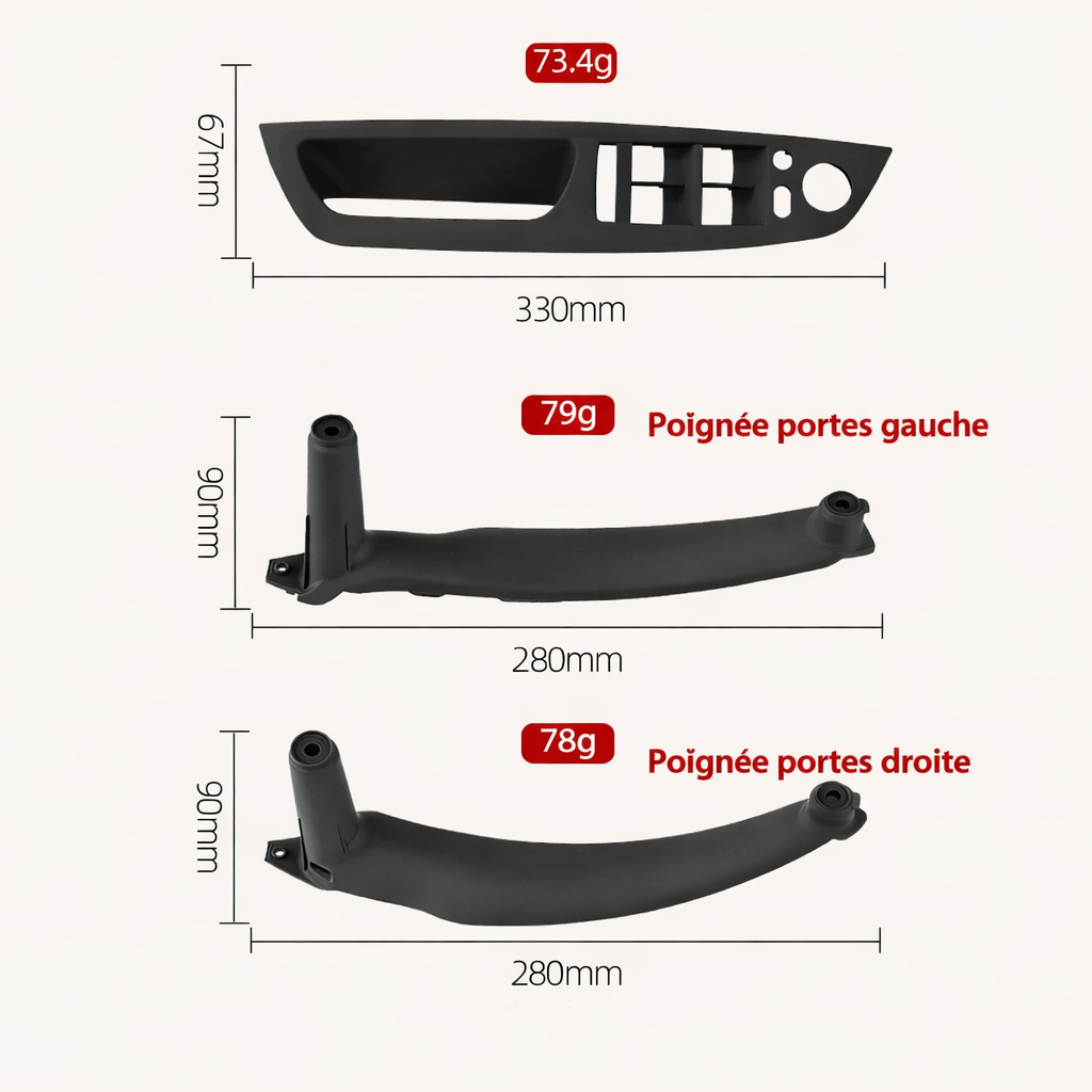 Dimensions des poignées intérieures BMW X5 E70 X6 E71 E72 avec mesures des pièces affichées