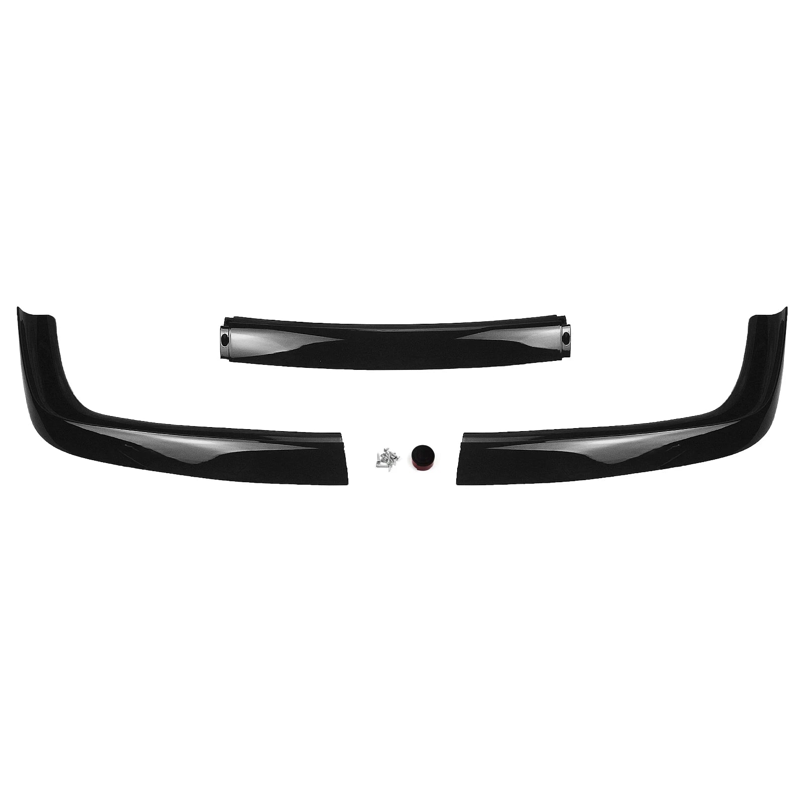 Kit lame avant BMW E36 M3 noir brillant en 3 pièces avec visserie présenté sur fond blanc