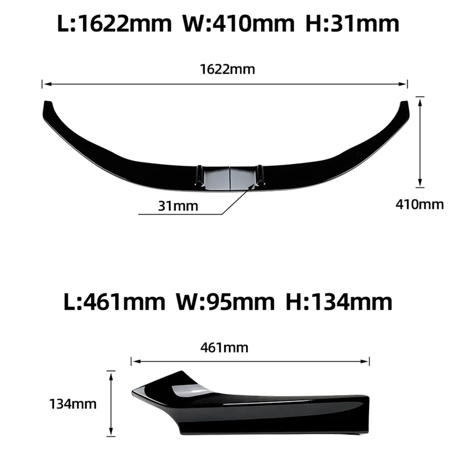 Dimensions de la lame avant BMW Série 2 F22 F23 M Sport avec pièce centrale et extensions latérales