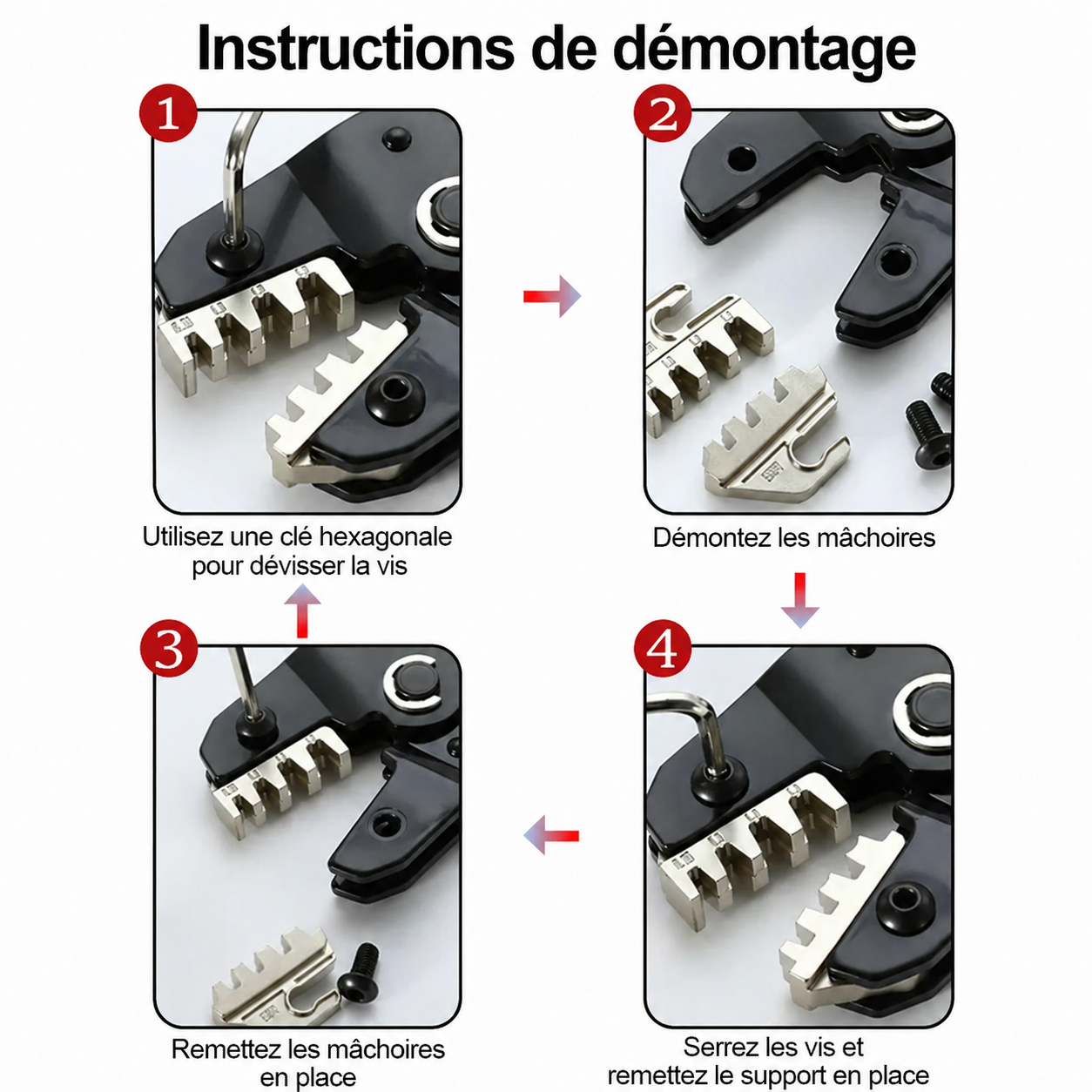 Instructions de démontage des mâchoires interchangeables pour pince à sertir