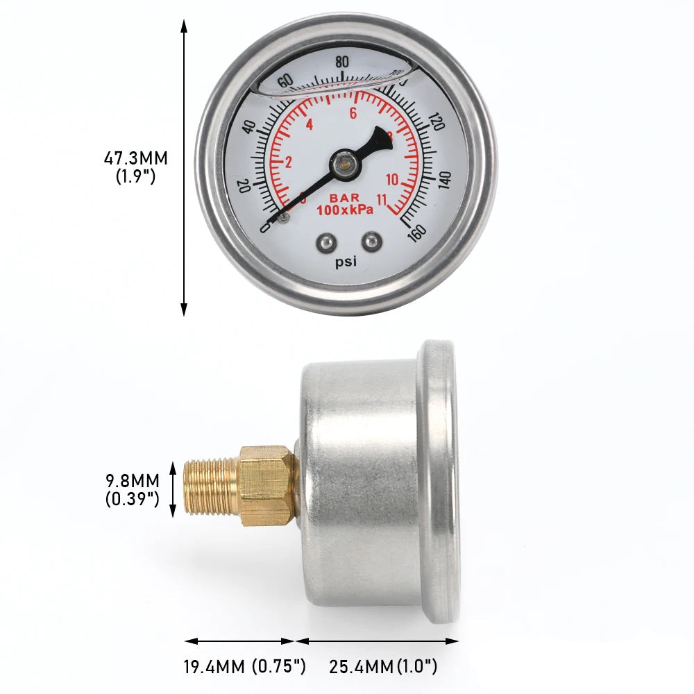 Dimensions du manomètre de pression essence huile universel 1/8 NPT