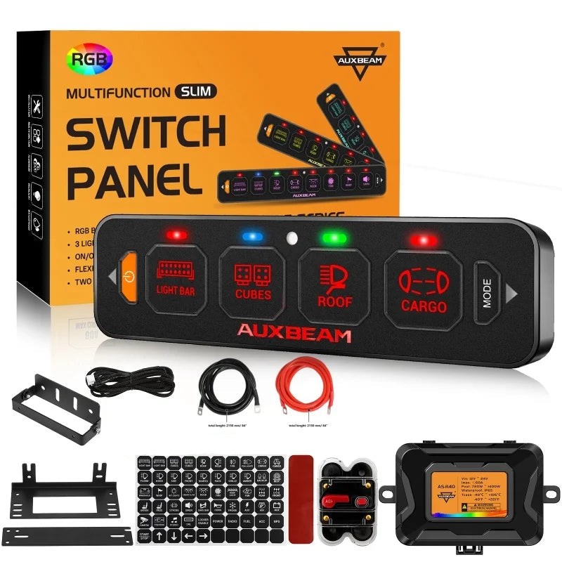 Vue complète du panneau de commande 4 circuits RGB 12V avec relais, fusibles et accessoires