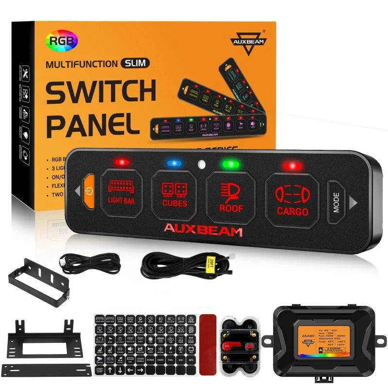 Panneau de commande 4 circuits RGB 12V avec boîtier relais-fusibles et kit d’installation complet
