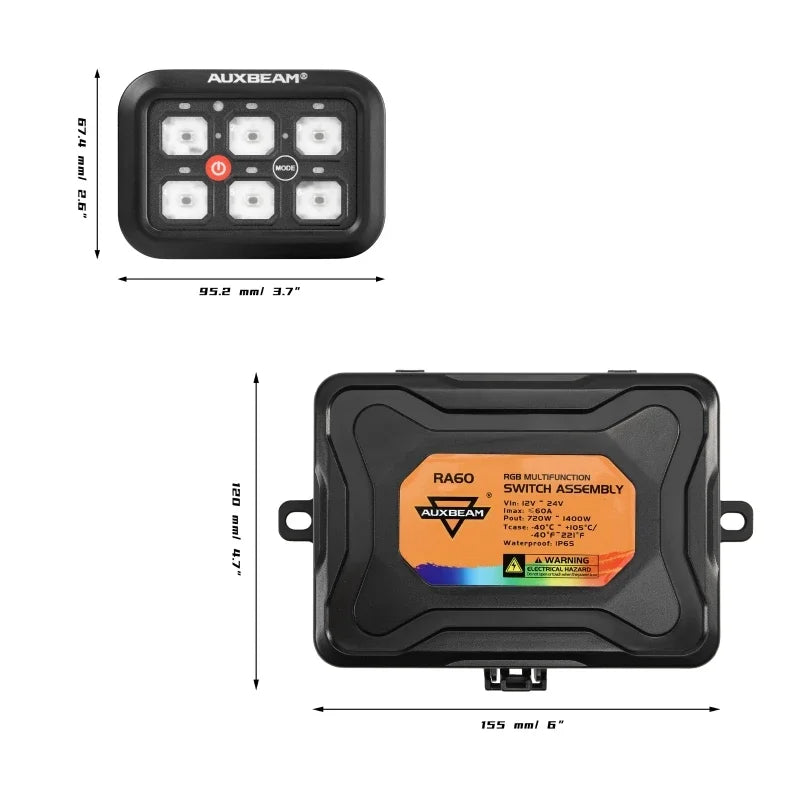Dimensions du panneau de commande 6 circuits RGB 12V et de son boîtier relais-fusibles
