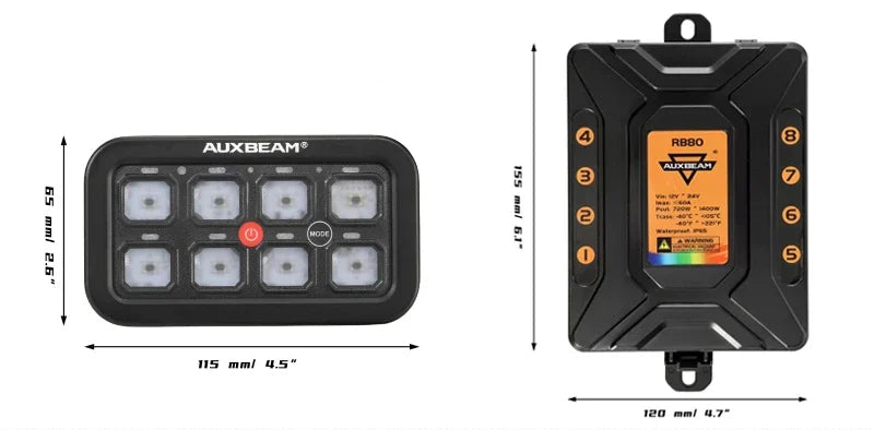 Dimensions et composants du panneau de commande 8 circuits RGB 12V 24V pour faisceau auto