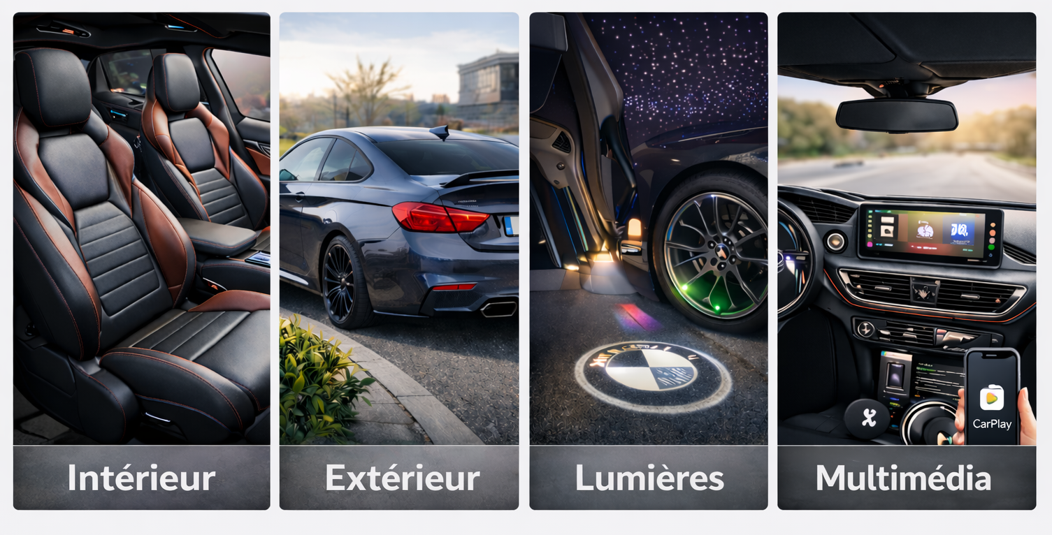 Catégorie BMW par univers avec intérieur, extérieur, lumières et multimédia en aperçu