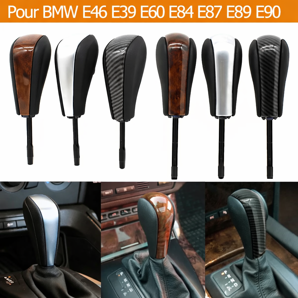 Pommeaux de levier de vitesse BMW en noir, bois, argent et aspect carbone