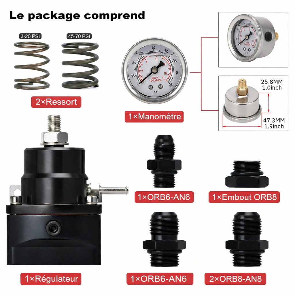 Contenu du pack du régulateur de pression d’essence AN8 AN6 avec ressorts et raccords