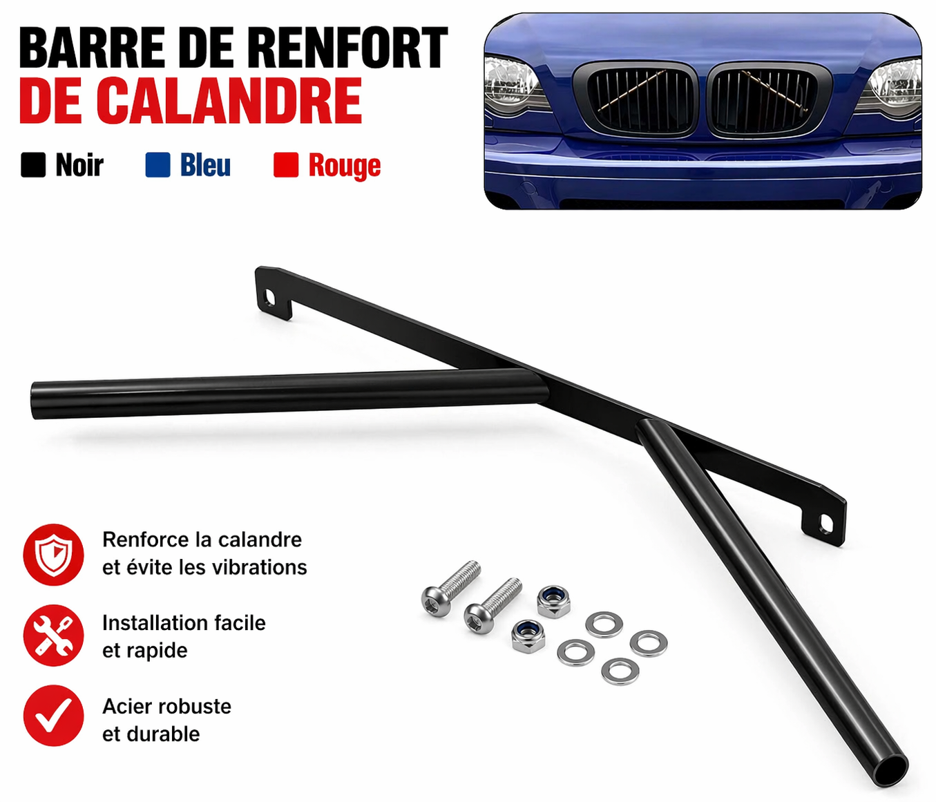 Renfort de calandre avant BMW E46 Kidney Struts V Brace 1999-2006, vue principale avec visserie