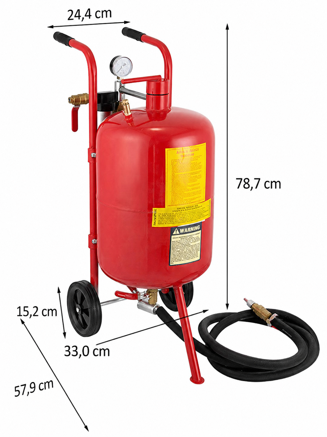 Vue avec dimensions de la sableuse pneumatique mobile rouge 40 L