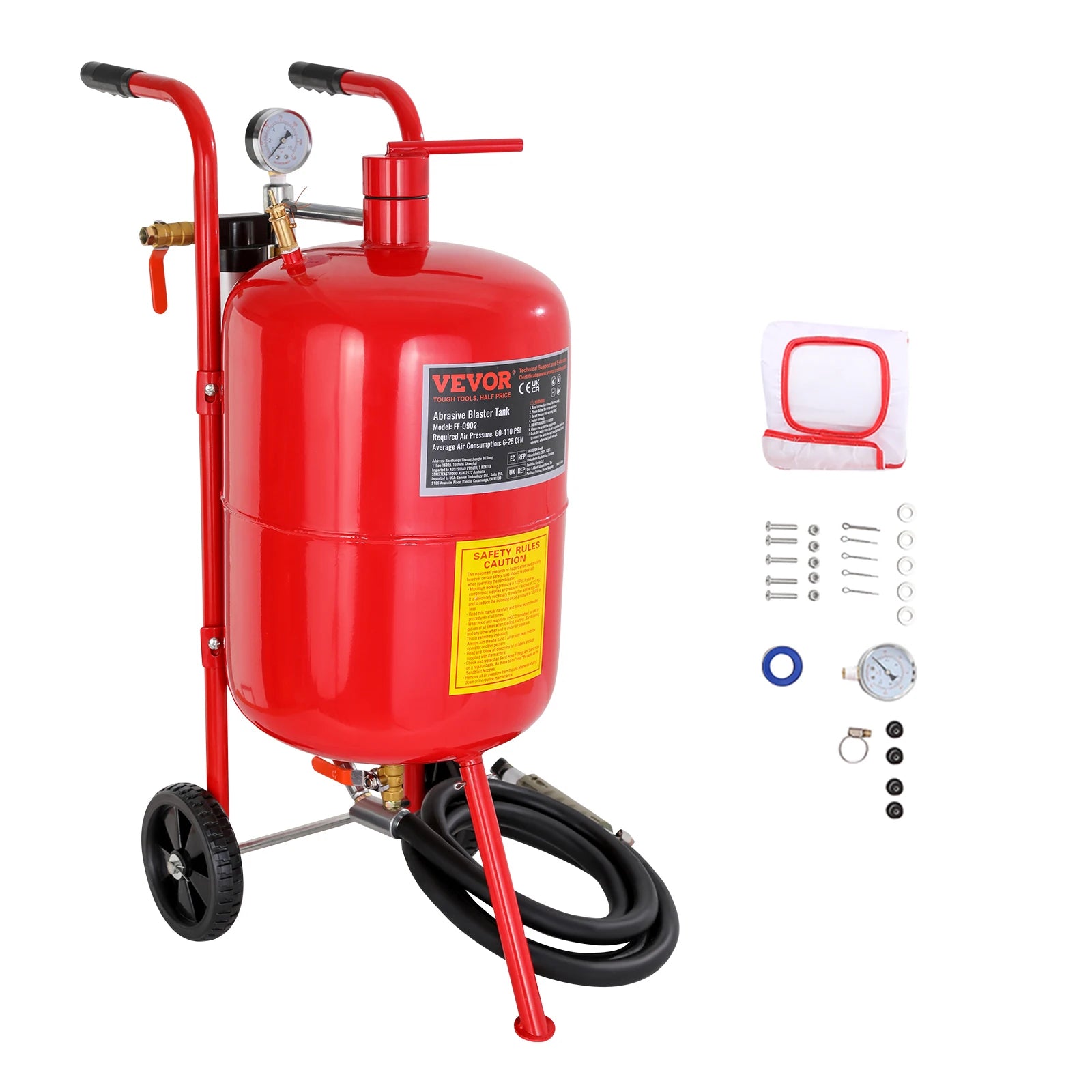 Sableuse pneumatique mobile rouge 40 L avec flexible, manomètre et buses céramique