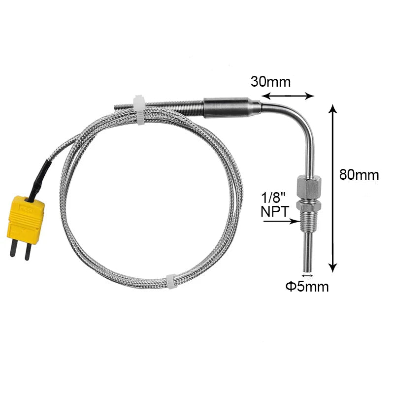 Schéma avec dimensions de la sonde EGT thermocouple type K coudée 90° en 1/8 NPT