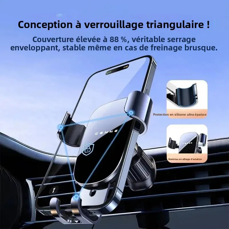 Support smartphone voiture avec système de verrouillage triangulaire et fixation sur aérateur
