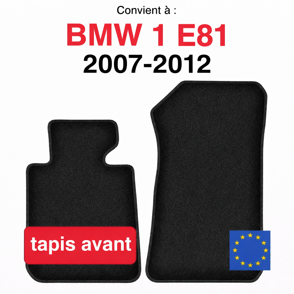 Tapis avant BMW Série 1 E81 2007-2012 présenté en paire sur fond blanc