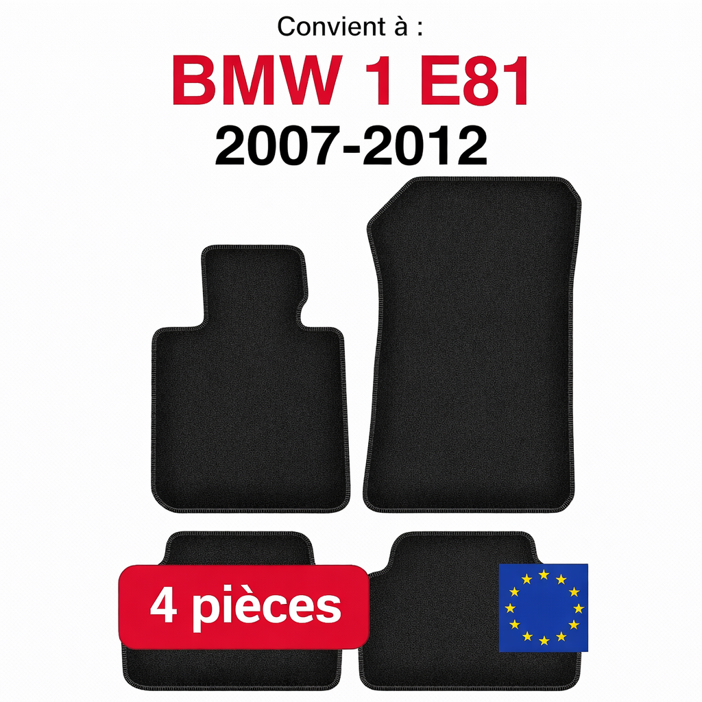 Tapis de sol BMW Série 1 E81 2007-2012 en lot de 4 pièces sur fond blanc
