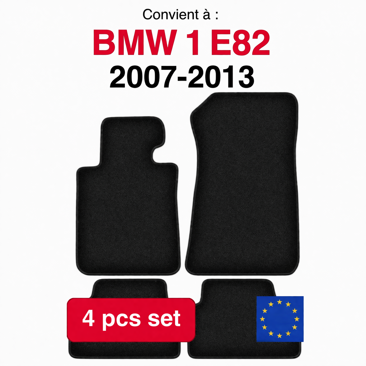 Tapis de sol BMW Série 1 E82 2007-2013 en lot de 4 pièces sur fond blanc