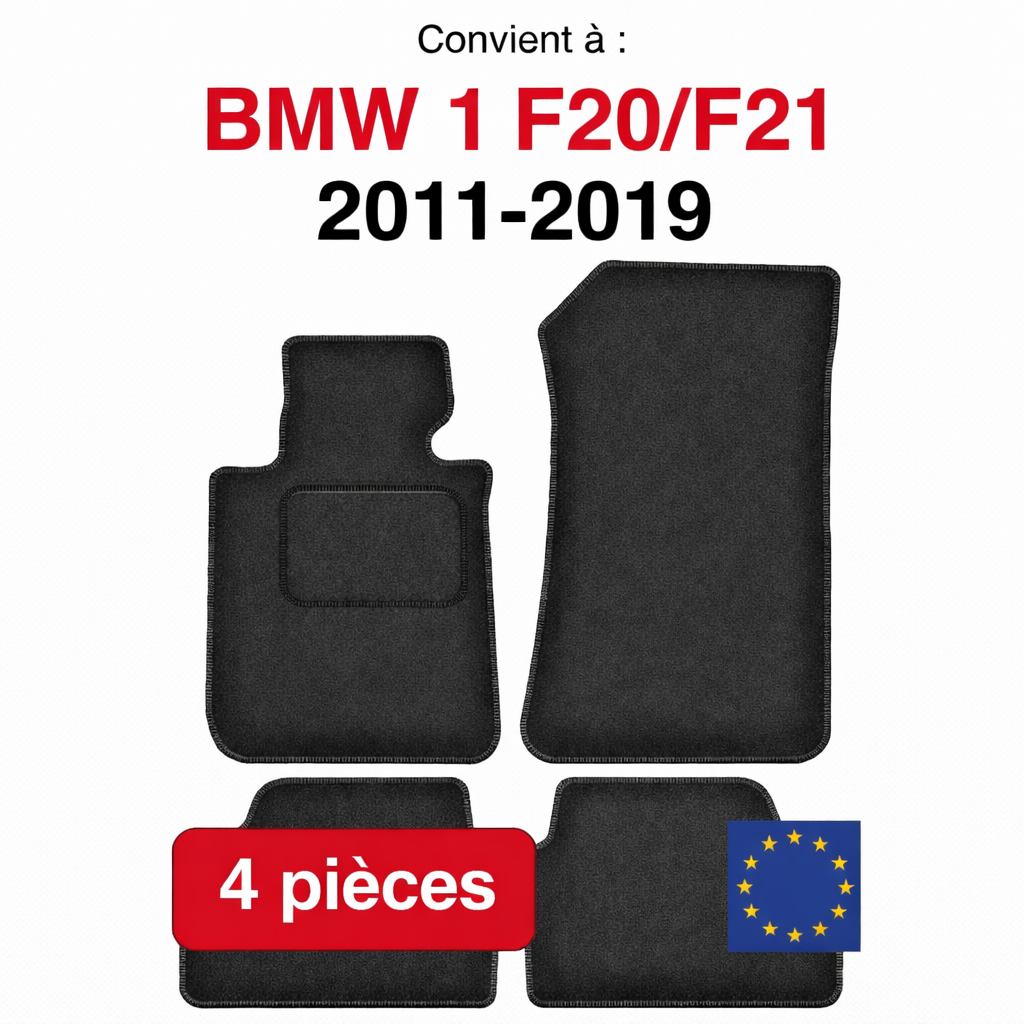 Tapis de sol BMW Série 1 F20 F21 2011-2019 en lot de 4 pièces sur fond blanc