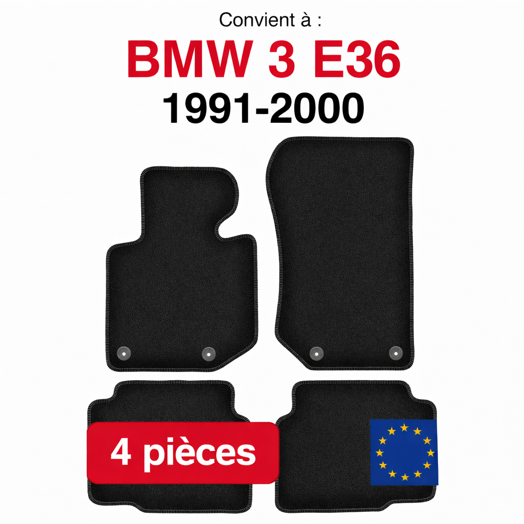 Tapis de sol BMW Série 3 E36 1991-2000 en lot de 4 pièces sur fond blanc