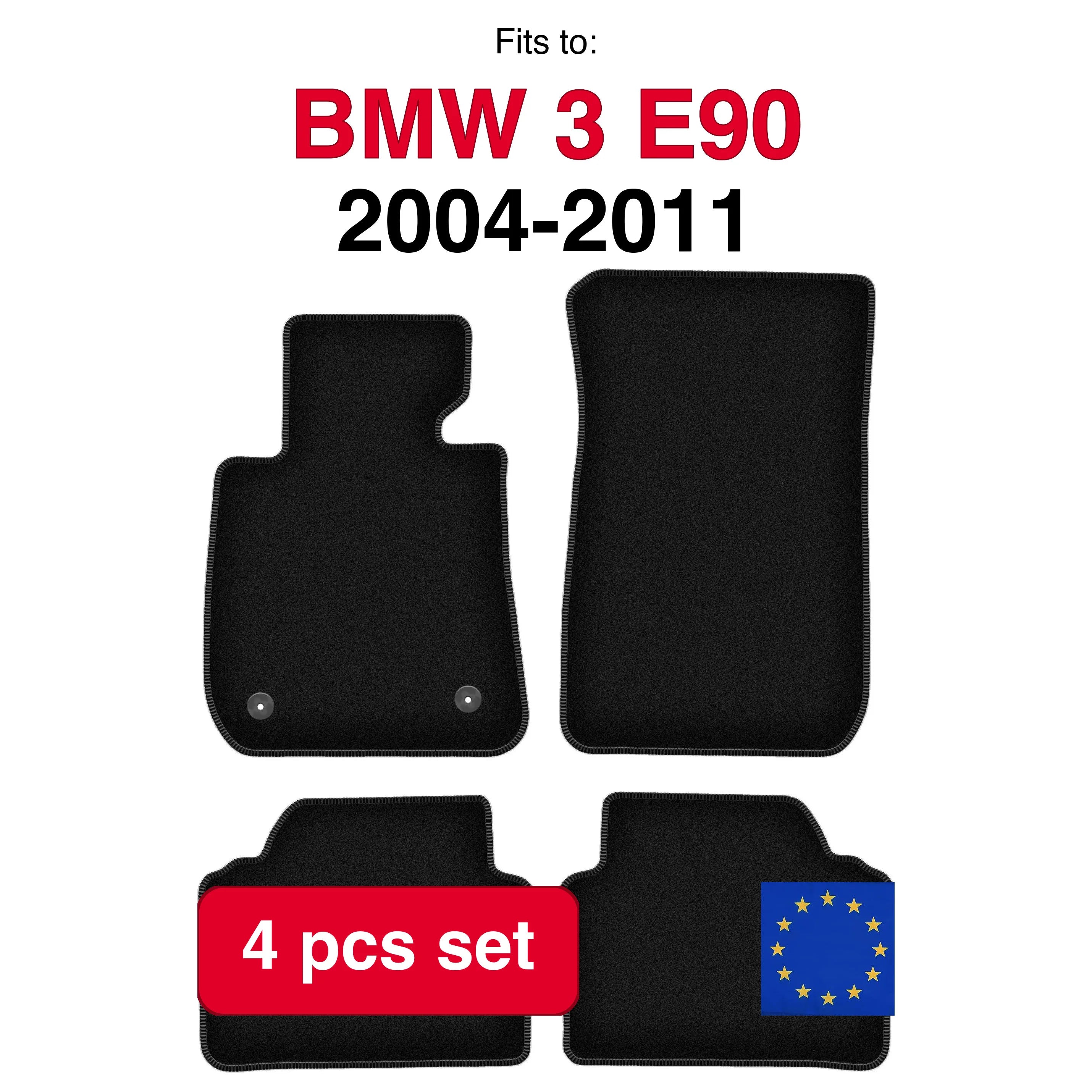 Tapis de sol BMW Série 3 E90 2004-2011 en lot de 4 pièces sur fond blanc