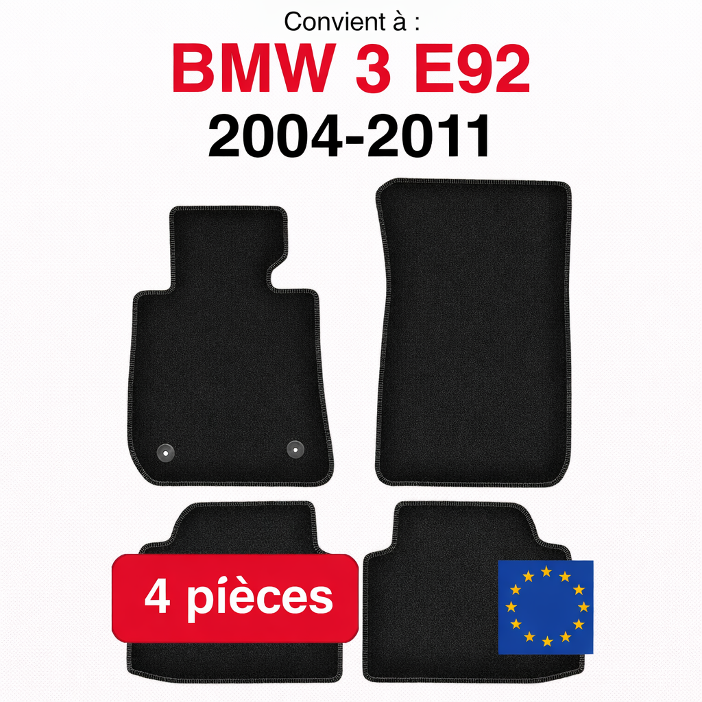 Tapis de sol BMW Série 3 E92 2004-2011 en lot de 4 pièces sur fond blanc