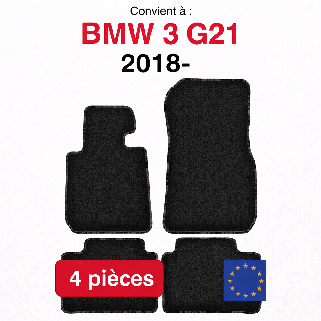 Tapis de sol BMW Série 3 G21 2018- en lot de 4 pièces sur fond blanc