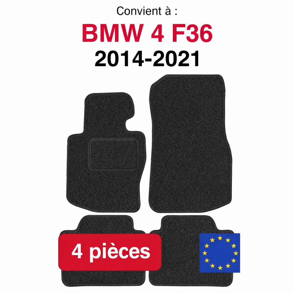 Tapis de sol BMW Série 4 F36 2014-2021 en lot de 4 pièces sur fond blanc