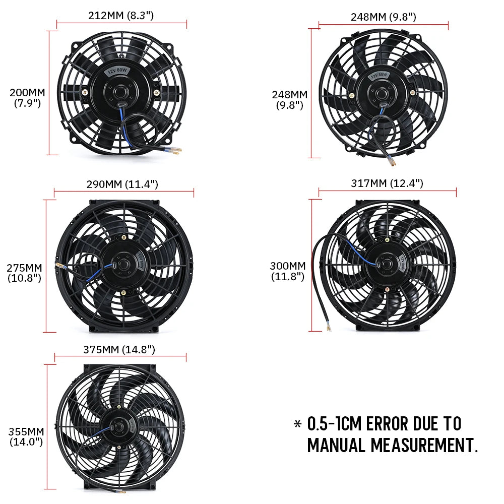 Schéma des dimensions du ventilateur électrique slim universel selon les tailles