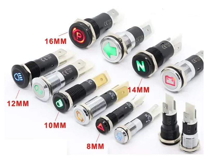 Voyants LED métal universels noirs 12V 24V disponibles en plusieurs tailles et symboles
